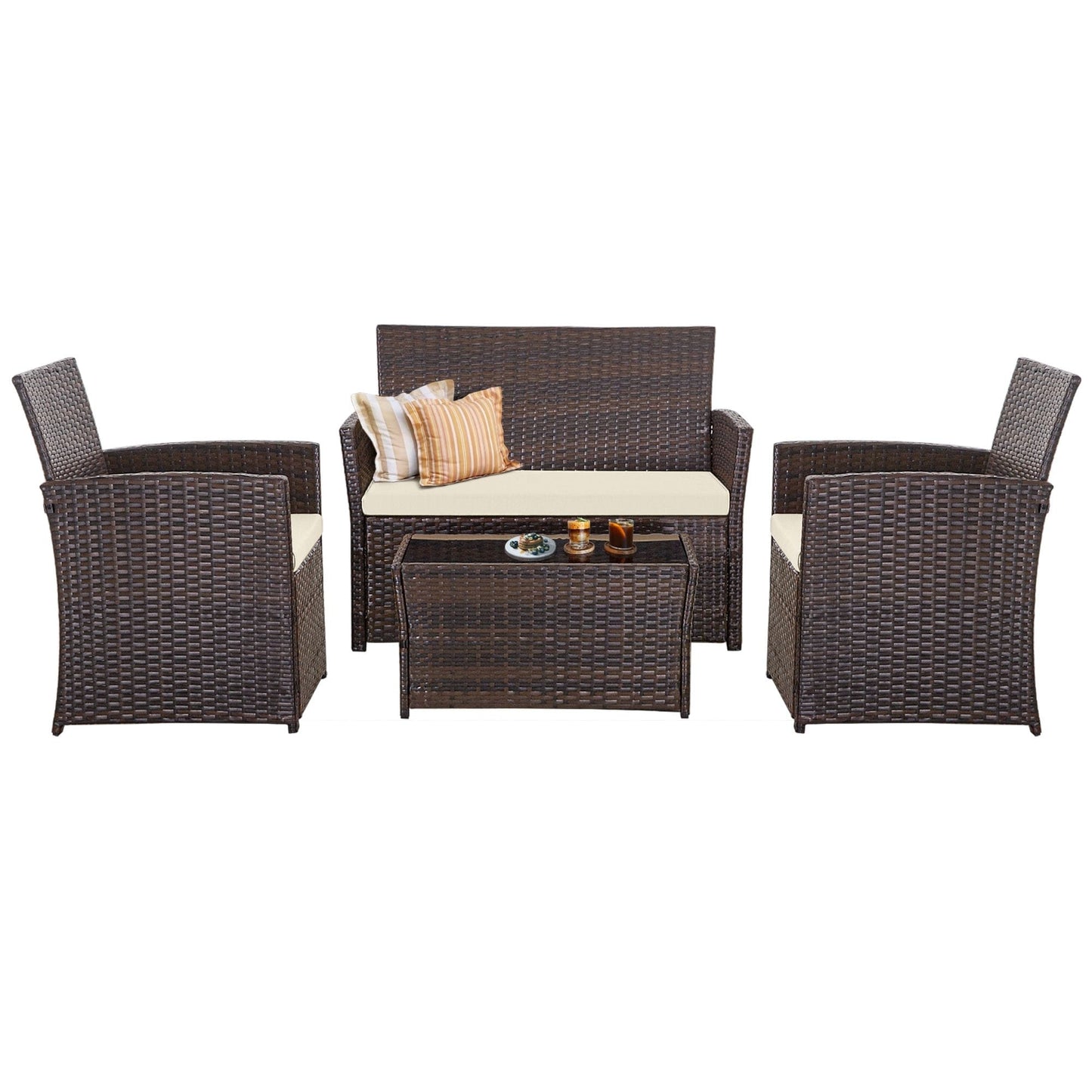 Set da conversazione in vimini per patio, 4 pezzi, divano, sedia e seduta in rattan