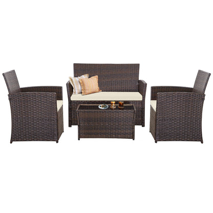 Set da conversazione in vimini per patio, 4 pezzi, divano, sedia e seduta in rattan