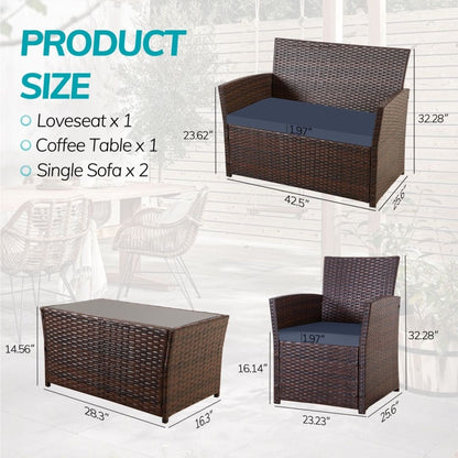 Set da conversazione in vimini per patio, 4 pezzi, divano, sedia e seduta in rattan