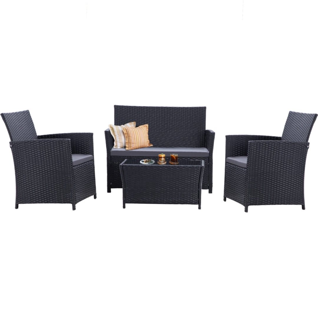 Set da conversazione in vimini per patio, 4 pezzi, divano, sedia e seduta in rattan