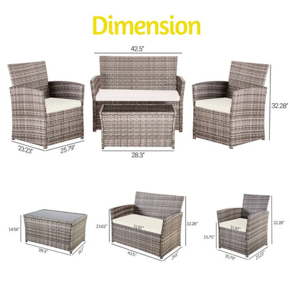 Set da conversazione in vimini per patio, 4 pezzi, divano, sedia e seduta in rattan