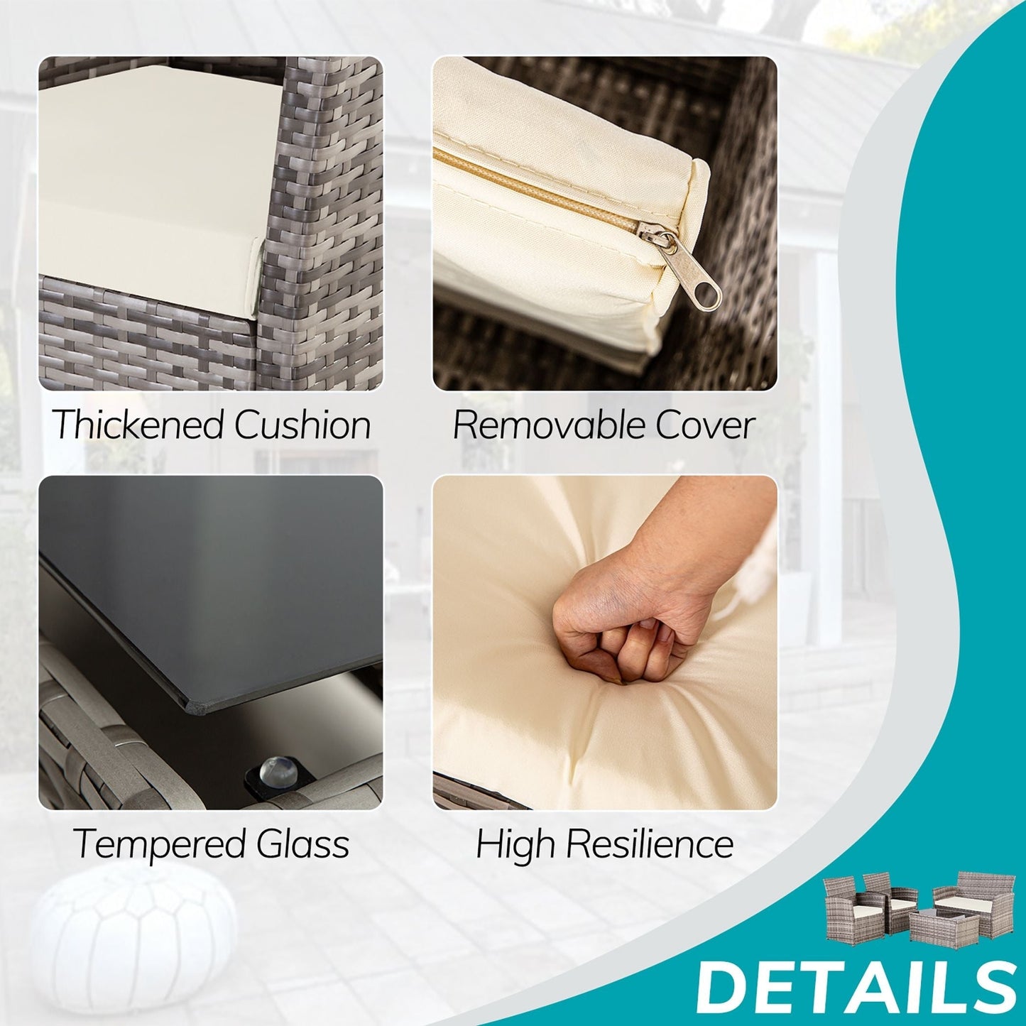 Set da conversazione in vimini per patio, 4 pezzi, divano, sedia e seduta in rattan