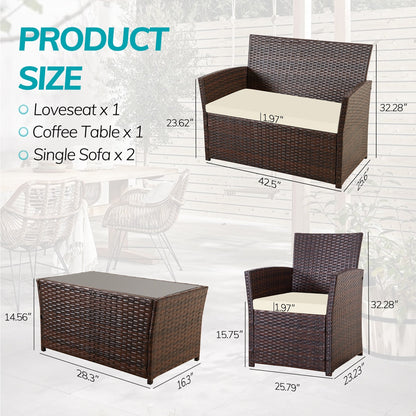 Set da conversazione in vimini per patio, 4 pezzi, divano, sedia e seduta in rattan