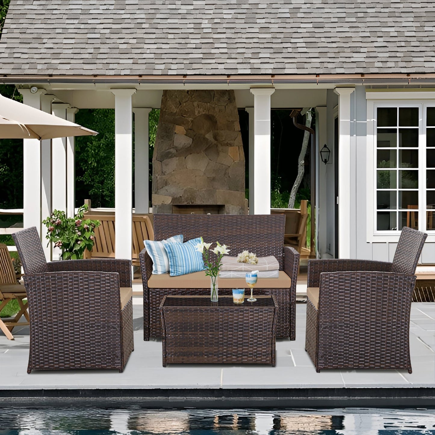 Set da conversazione in vimini per patio, 4 pezzi, divano, sedia e seduta in rattan