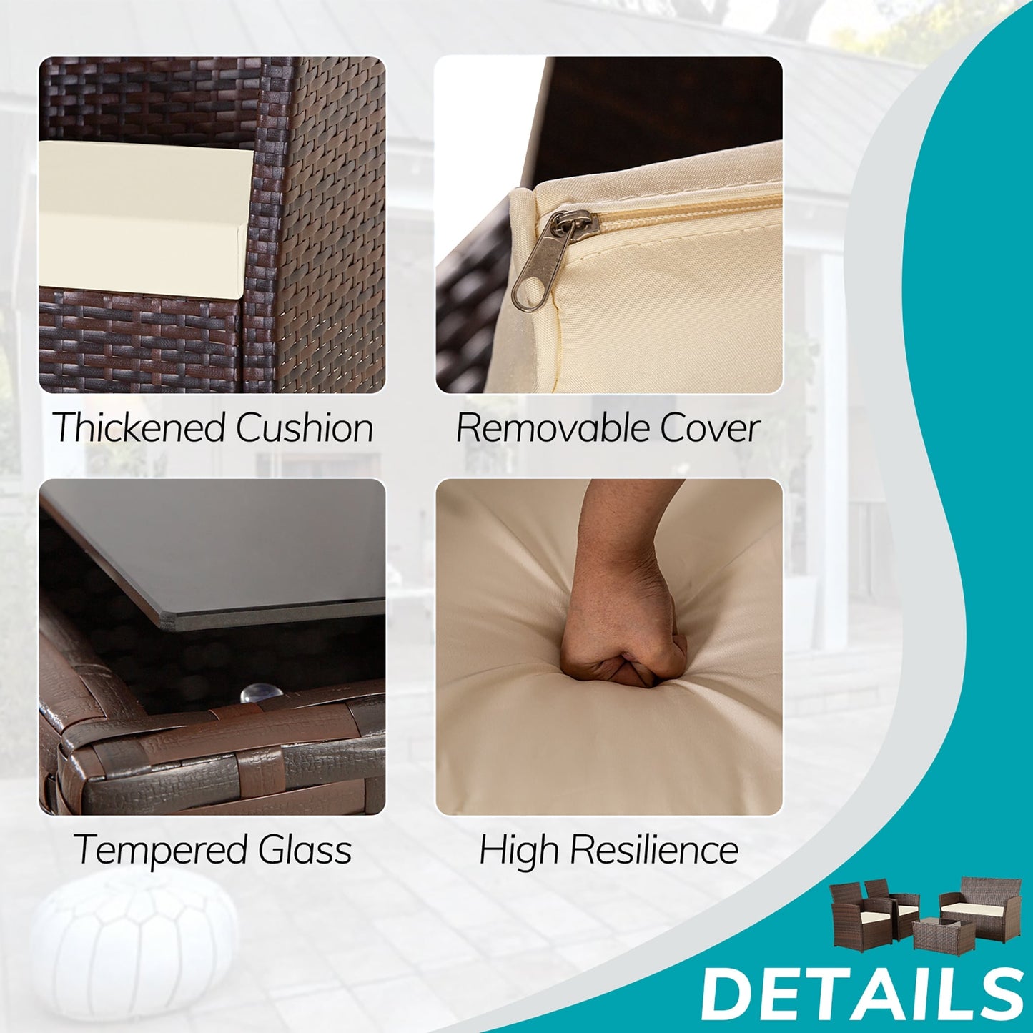 Set da conversazione in vimini per patio, 4 pezzi, divano, sedia e seduta in rattan