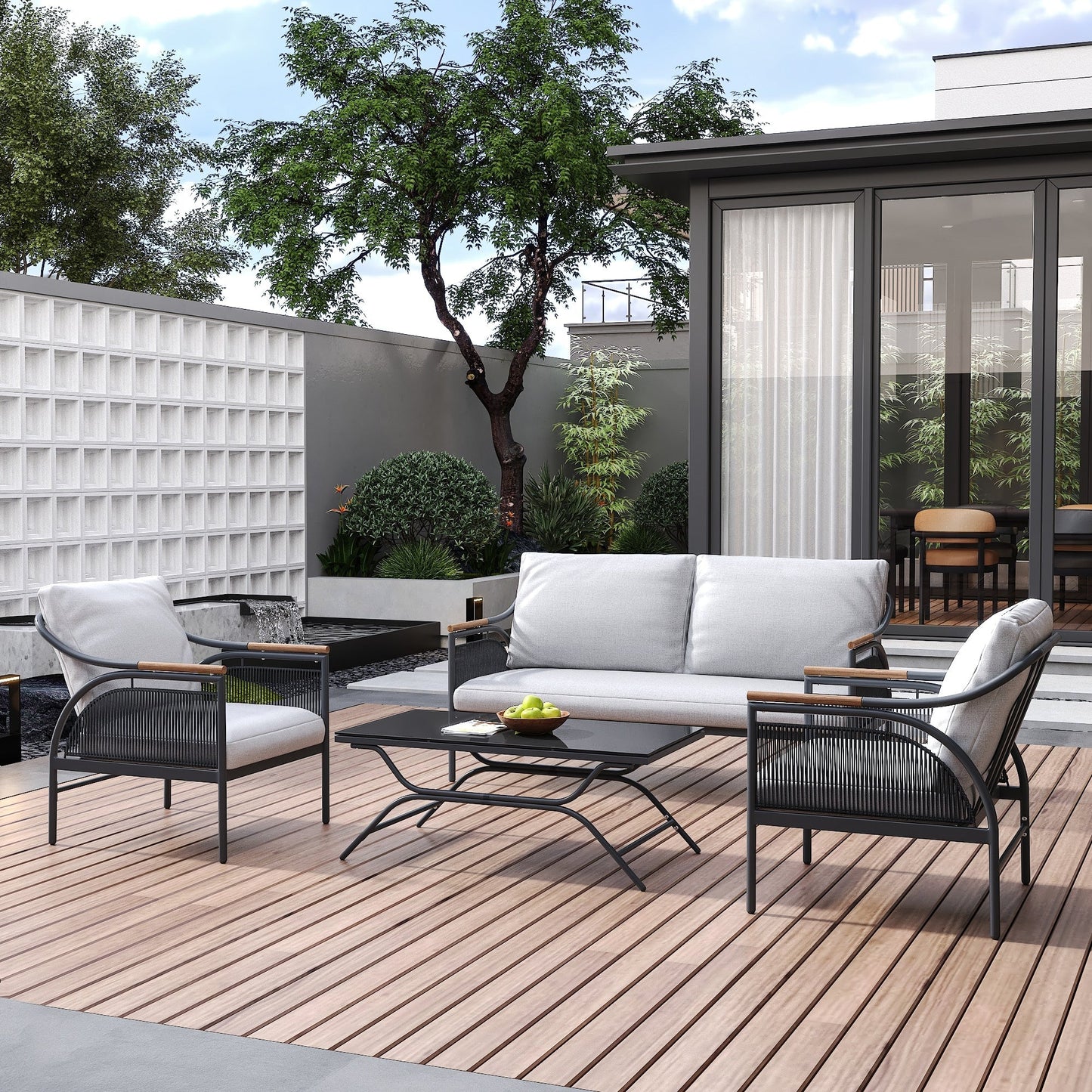 Set di mobili da esterno per patio in ferro grigio scuro da 4 pezzi con cuscini rimovibili