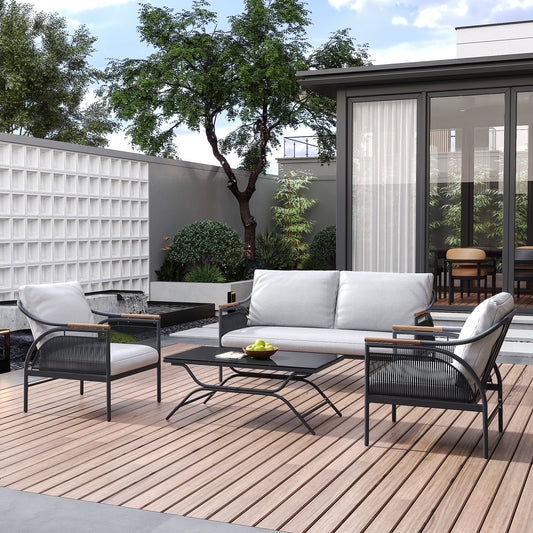 Set di mobili da esterno per patio in ferro grigio scuro da 4 pezzi con cuscini rimovibili