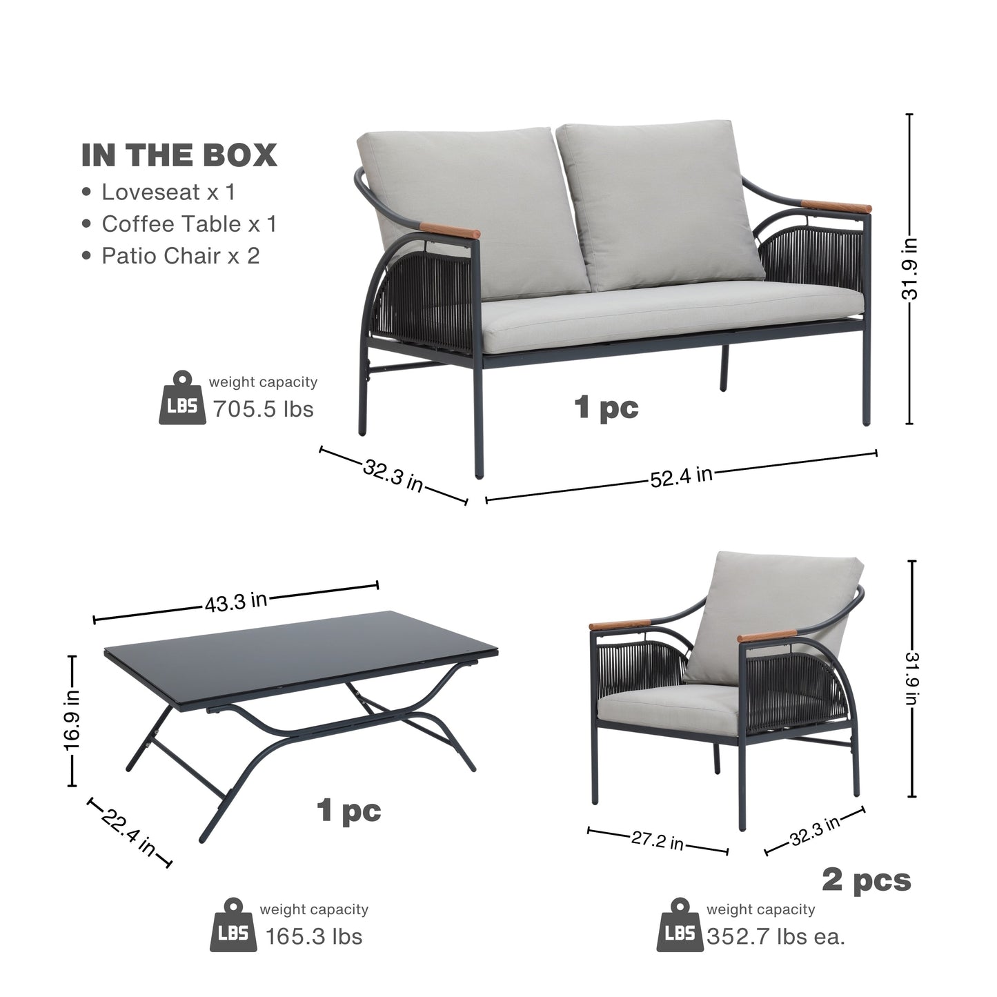 Set di mobili da esterno per patio in ferro grigio scuro da 4 pezzi con cuscini rimovibili