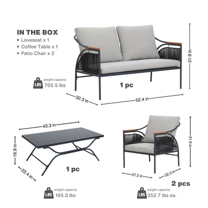 Set di mobili da esterno per patio in ferro grigio scuro da 4 pezzi con cuscini rimovibili