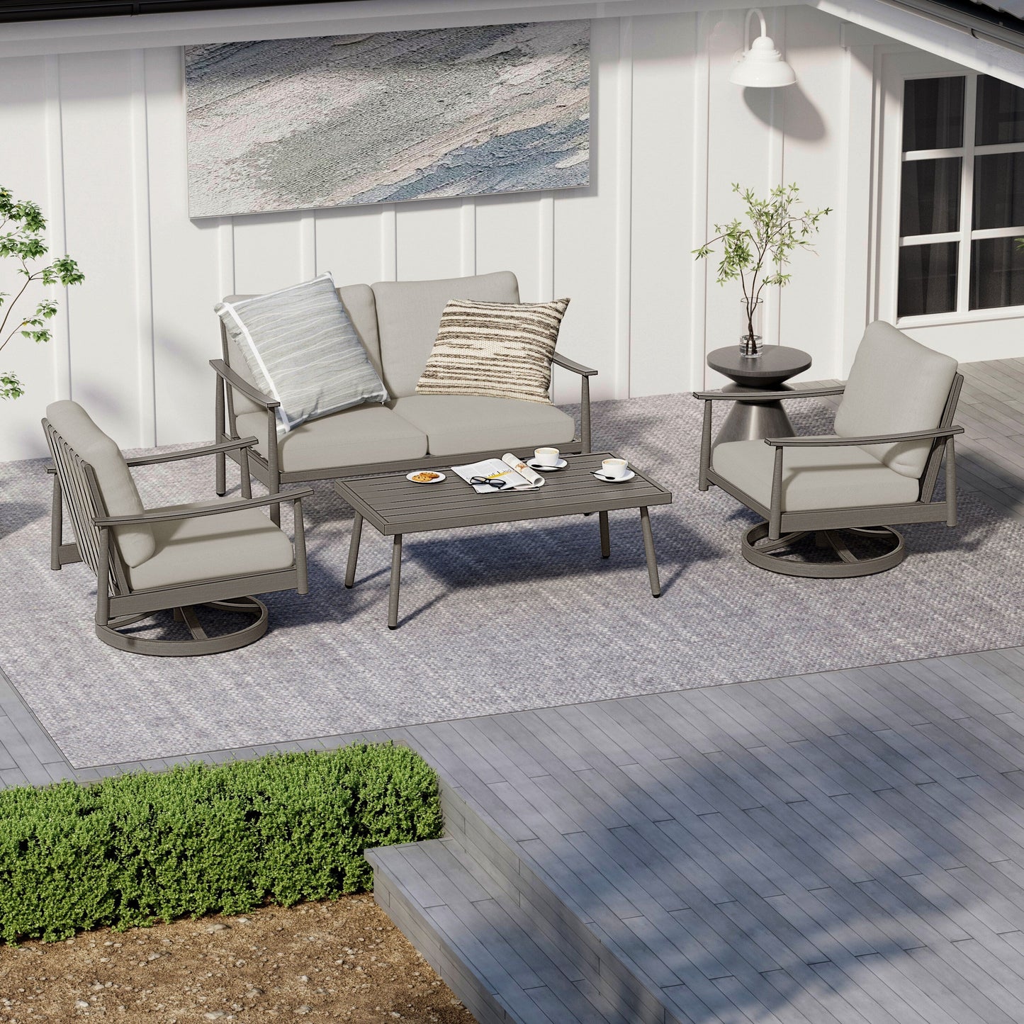 Set da conversazione in alluminio per 4 persone con 2 sedie girevoli, divano a due posti e tavolino da caffè