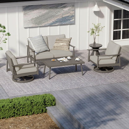 Set da conversazione in alluminio per 4 persone con 2 sedie girevoli, divano a due posti e tavolino da caffè