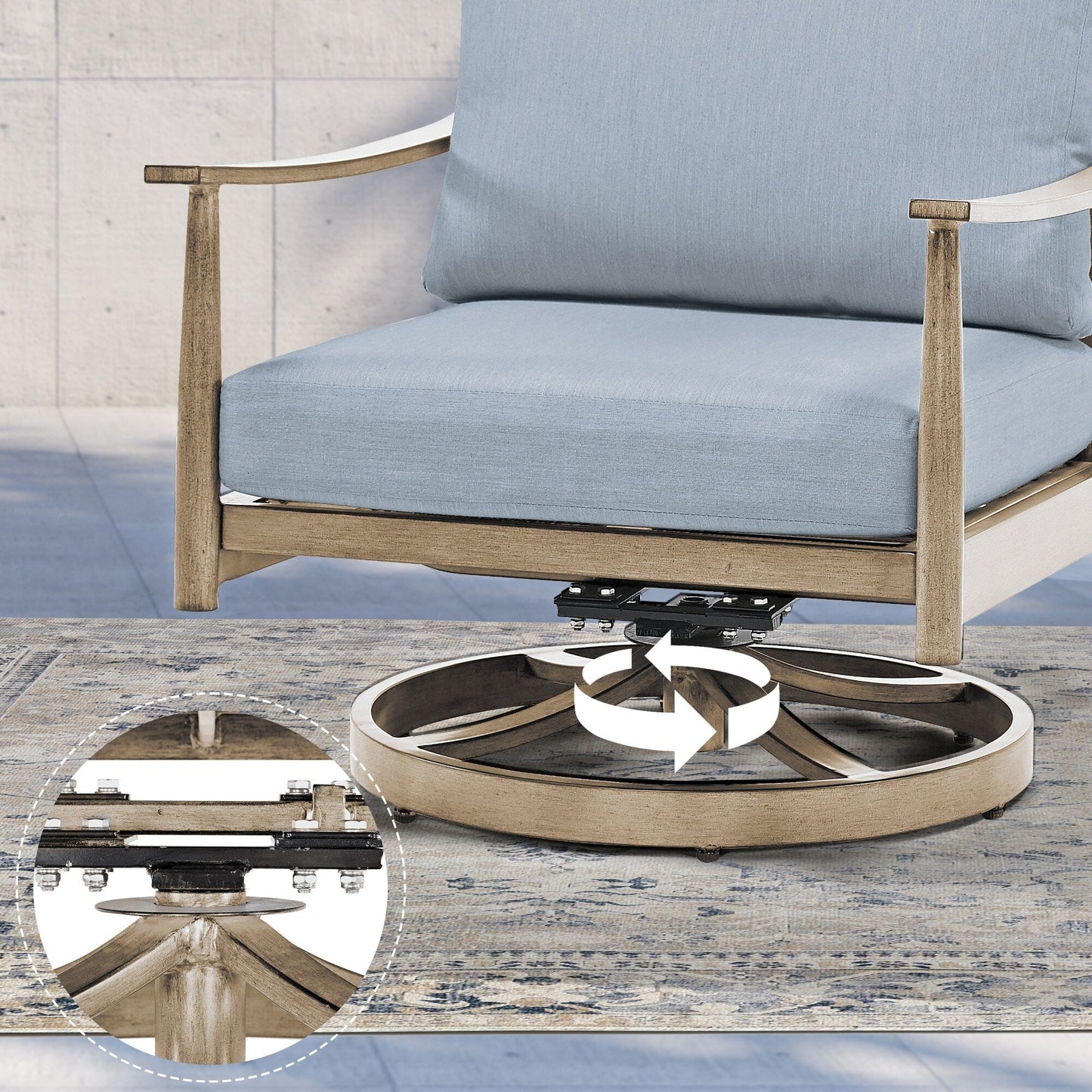 Set da conversazione in alluminio per 4 persone con 2 sedie girevoli, divano a due posti e tavolino da caffè