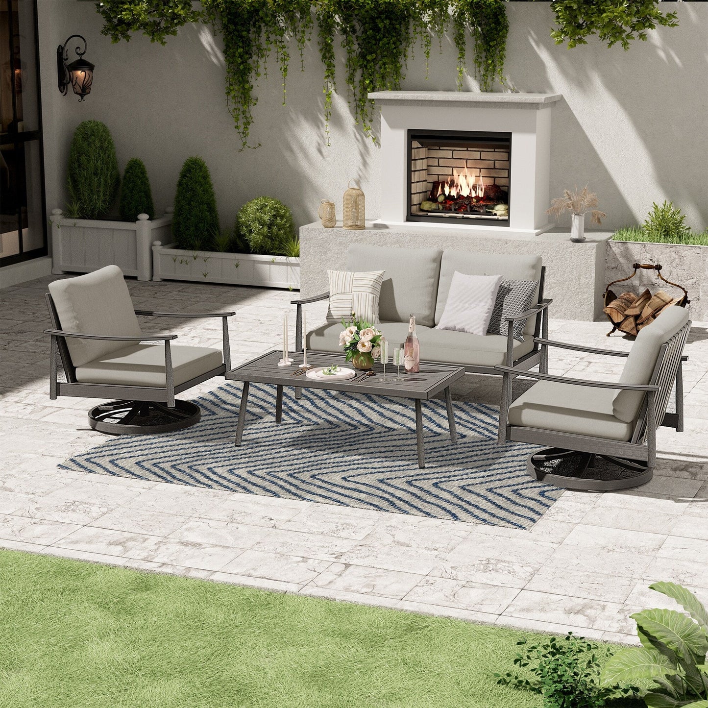 Set da conversazione in alluminio per 4 persone con 2 sedie girevoli, divano a due posti e tavolino da caffè