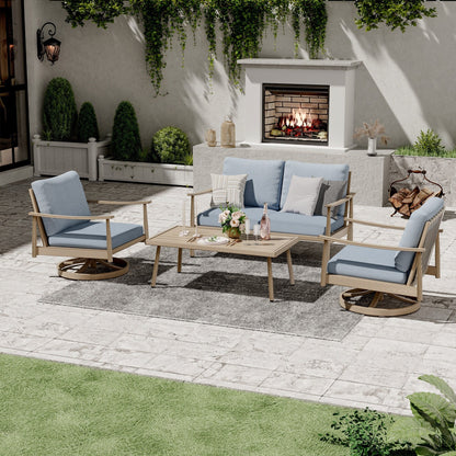 Set da conversazione in alluminio per 4 persone con 2 sedie girevoli, divano a due posti e tavolino da caffè