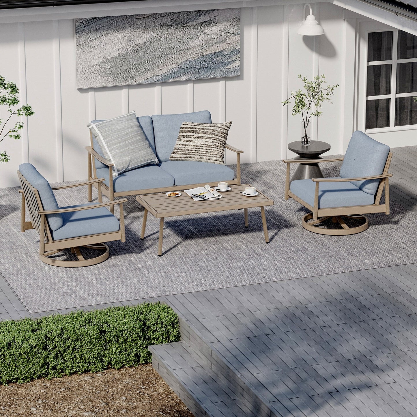 Set da conversazione in alluminio per 4 persone con 2 sedie girevoli, divano a due posti e tavolino da caffè