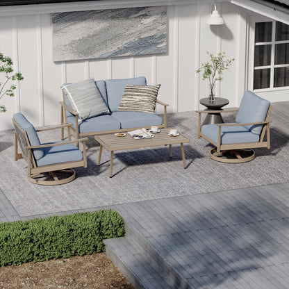 Set da conversazione in alluminio per 4 persone con 2 sedie girevoli, divano a due posti e tavolino da caffè