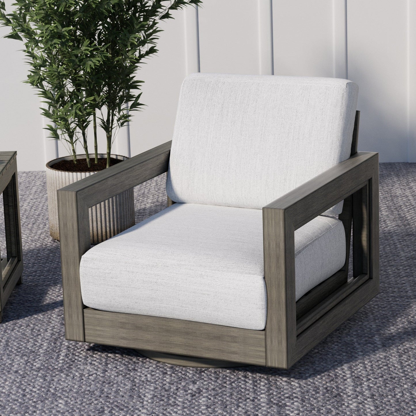 Set da conversazione in alluminio per 4 persone con sedie girevoli, struttura dipinta a mano e cuscini