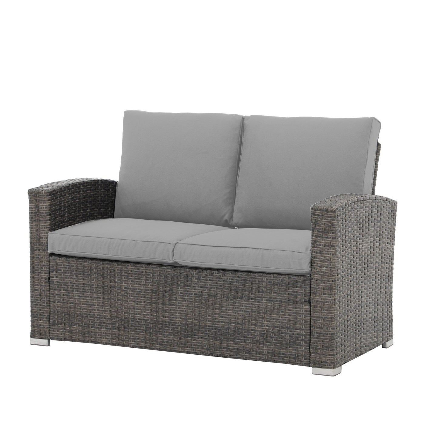 Set da conversazione in rattan per 4 persone con cuscini grigi e tavolo da esterno in vetro temperato