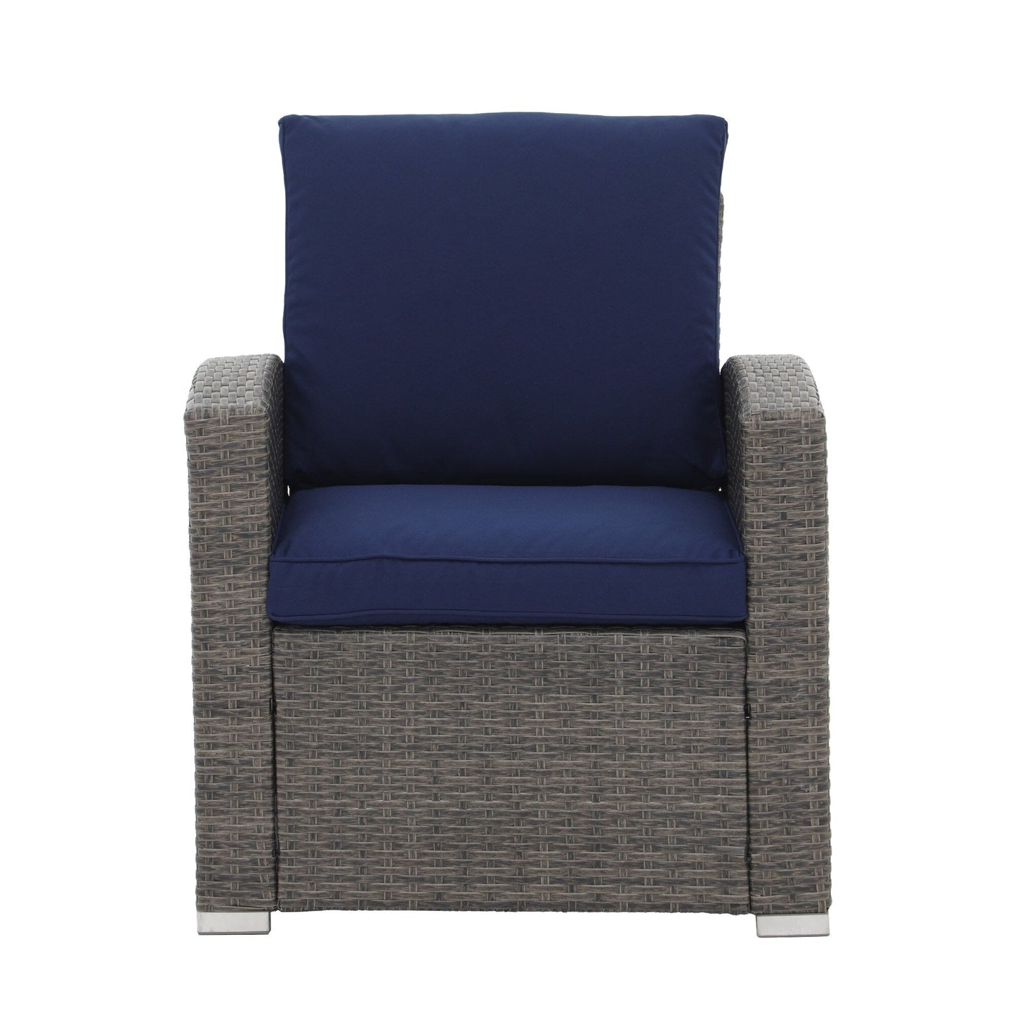 Set da conversazione in rattan per 4 persone con cuscini grigi e tavolo da esterno in vetro temperato