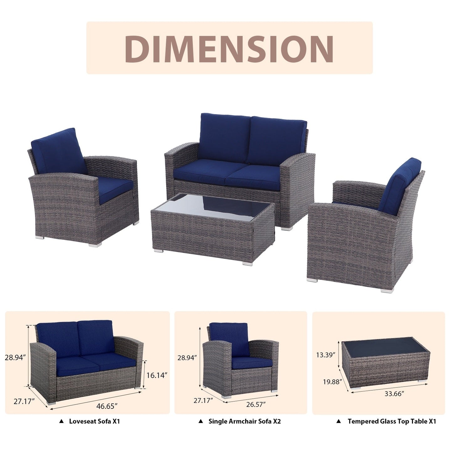 Set da conversazione in rattan per 4 persone con cuscini grigi e tavolo da esterno in vetro temperato