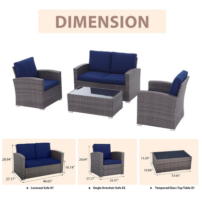 Set da conversazione in rattan per 4 persone con cuscini grigi e tavolo da esterno in vetro temperato