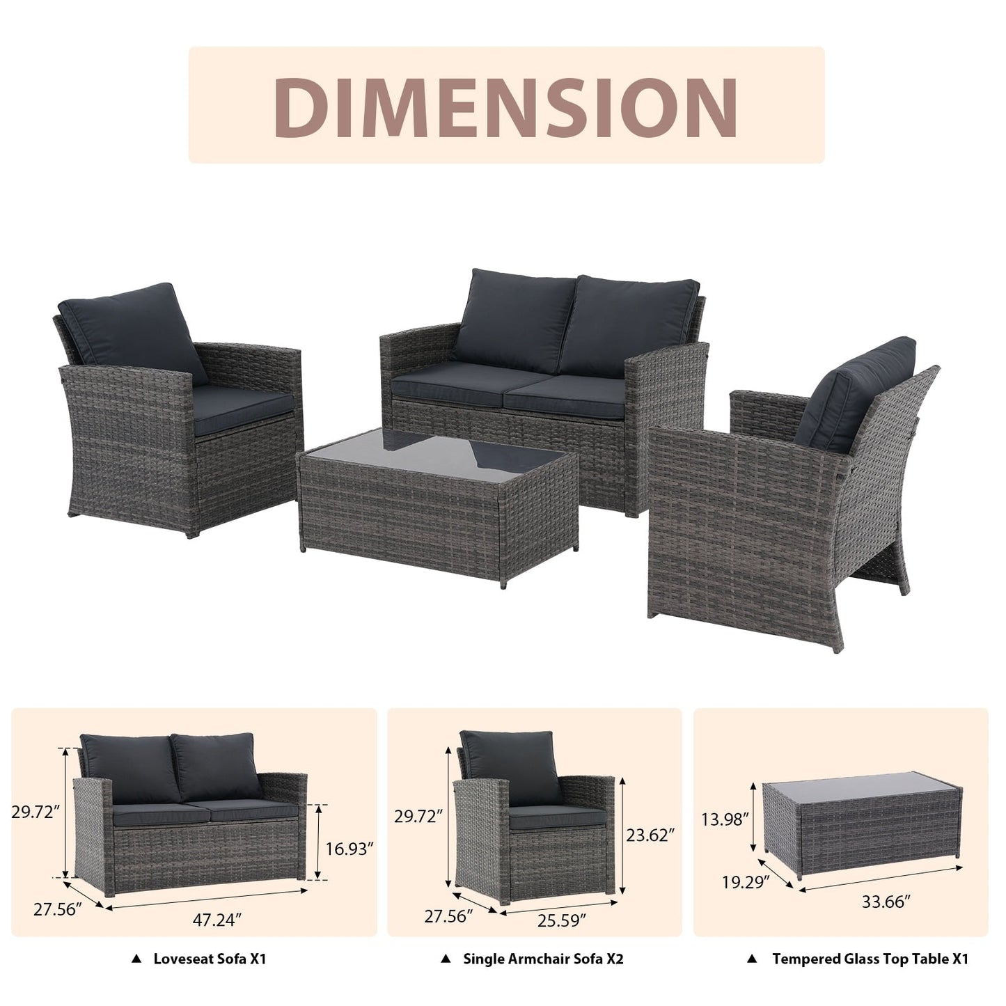 Set da conversazione in rattan per 4 persone con cuscini grigi e tavolo da esterno in vetro temperato