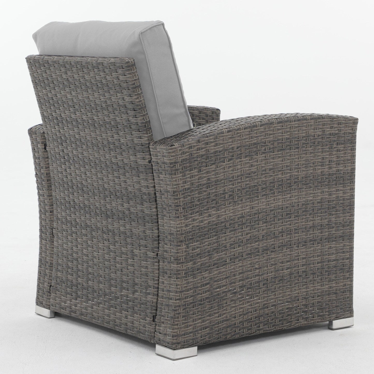 Set da conversazione in rattan per 4 persone con cuscini grigi e tavolo da esterno in vetro temperato