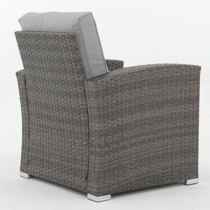 Set da conversazione in rattan per 4 persone con cuscini grigi e tavolo da esterno in vetro temperato