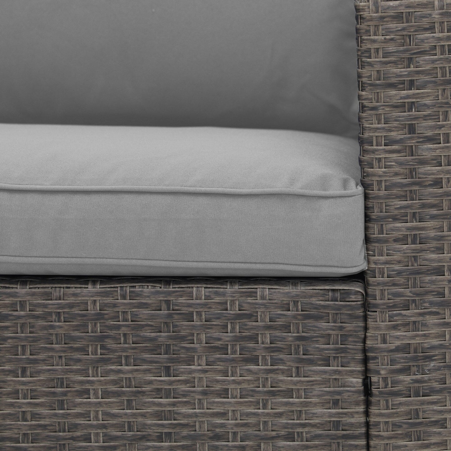 Set da conversazione in rattan per 4 persone con cuscini grigi e tavolo da esterno in vetro temperato