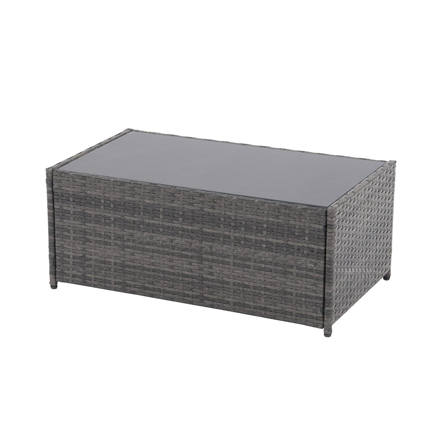 Set da conversazione in rattan per 4 persone con cuscini grigi e tavolo da esterno in vetro temperato