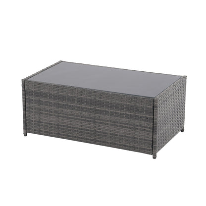 Set da conversazione in rattan per 4 persone con cuscini grigi e tavolo da esterno in vetro temperato
