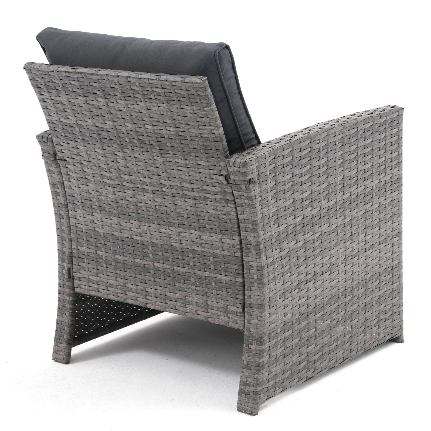 Set da conversazione in rattan per 4 persone con cuscini grigi e tavolo da esterno in vetro temperato