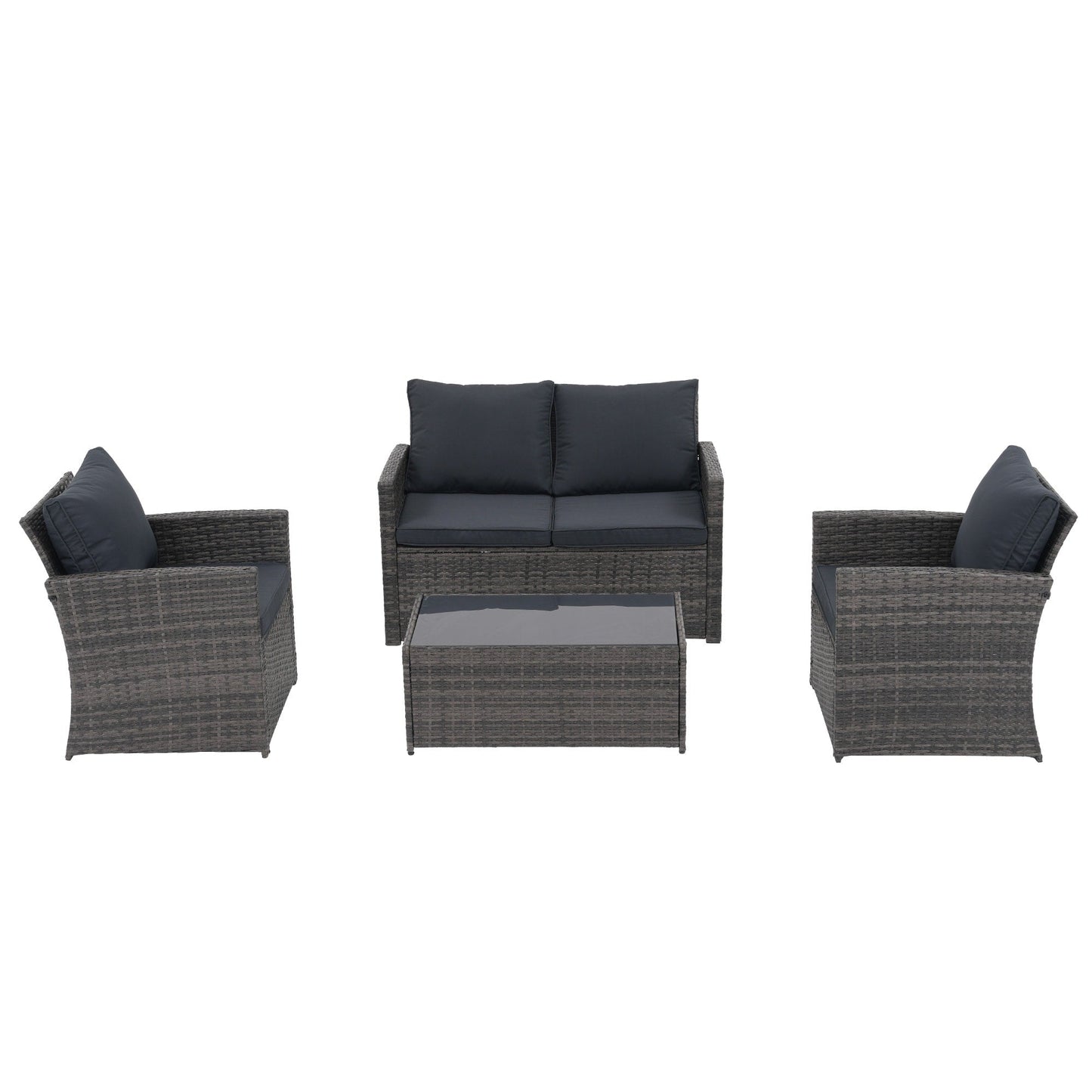 Set da conversazione in rattan per 4 persone con cuscini grigi e tavolo da esterno in vetro temperato