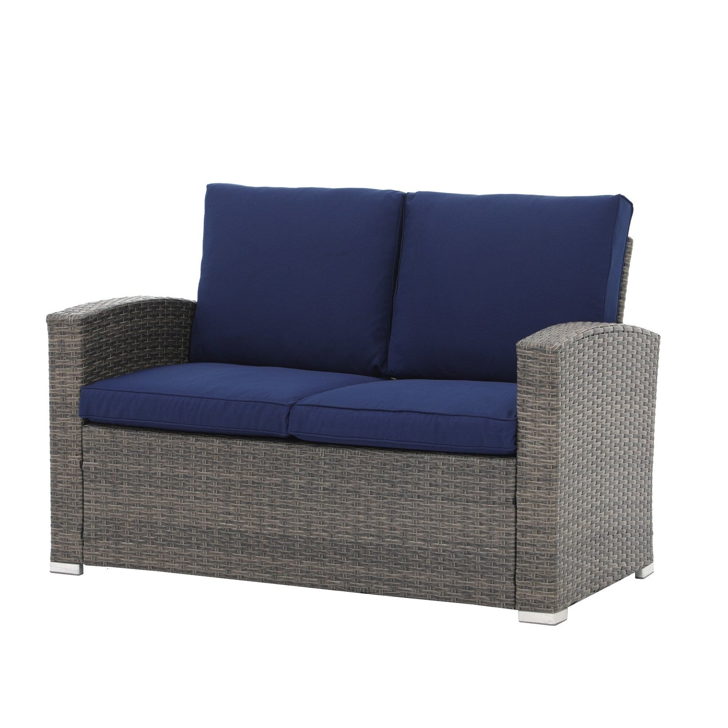 Set da conversazione in rattan per 4 persone con cuscini grigi e tavolo da esterno in vetro temperato