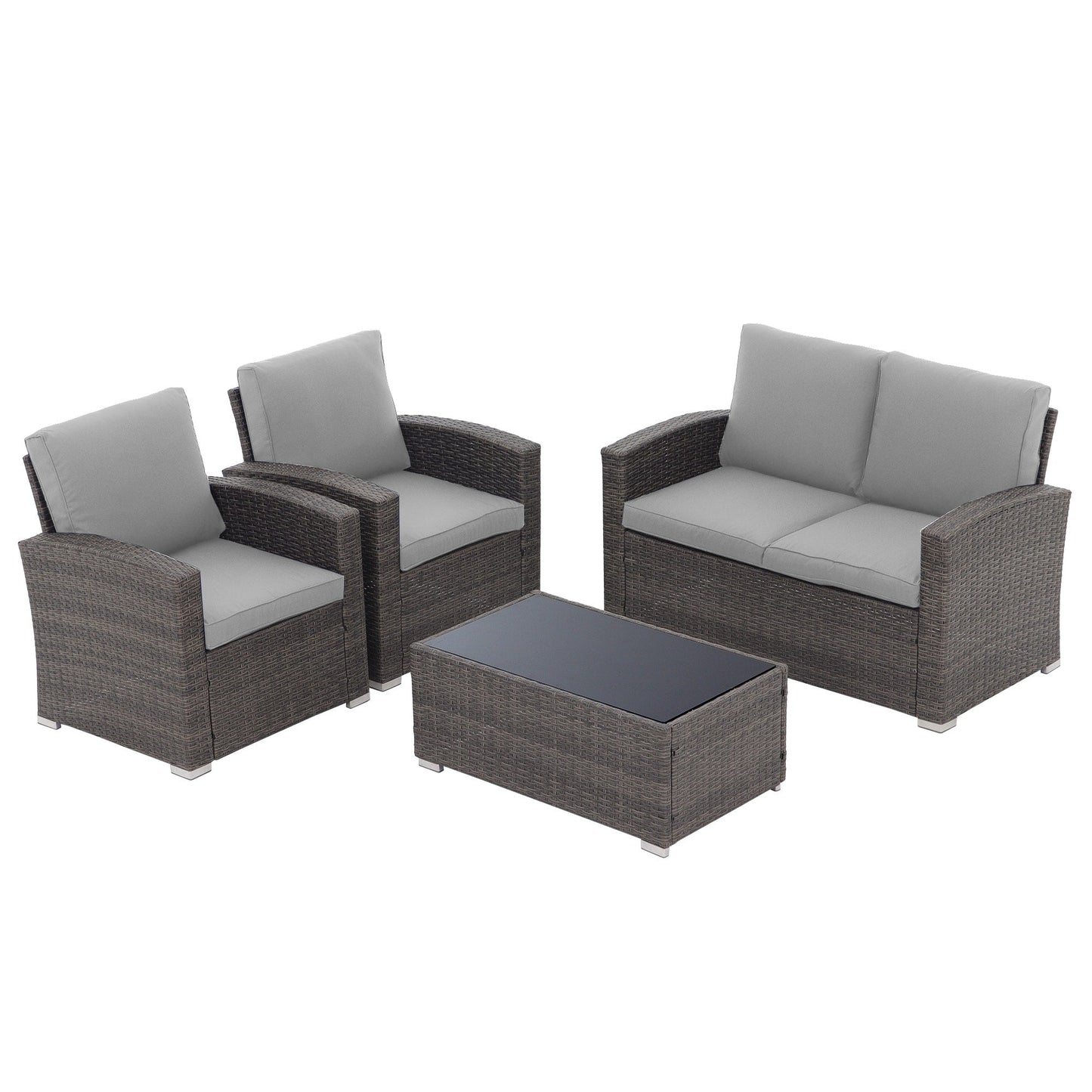 Set da conversazione in rattan per 4 persone con cuscini grigi e tavolo da esterno in vetro temperato