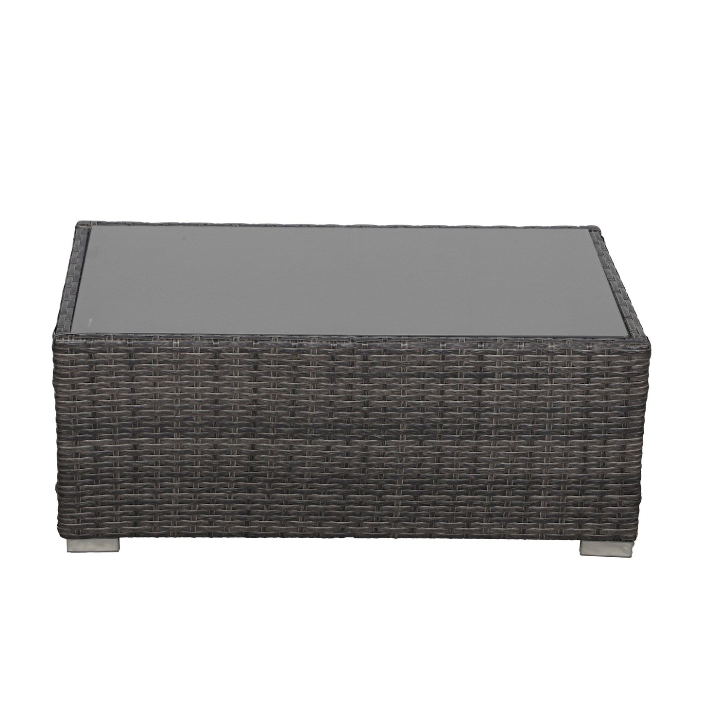 Set da conversazione in rattan per 4 persone con cuscini grigi e tavolo da esterno in vetro temperato