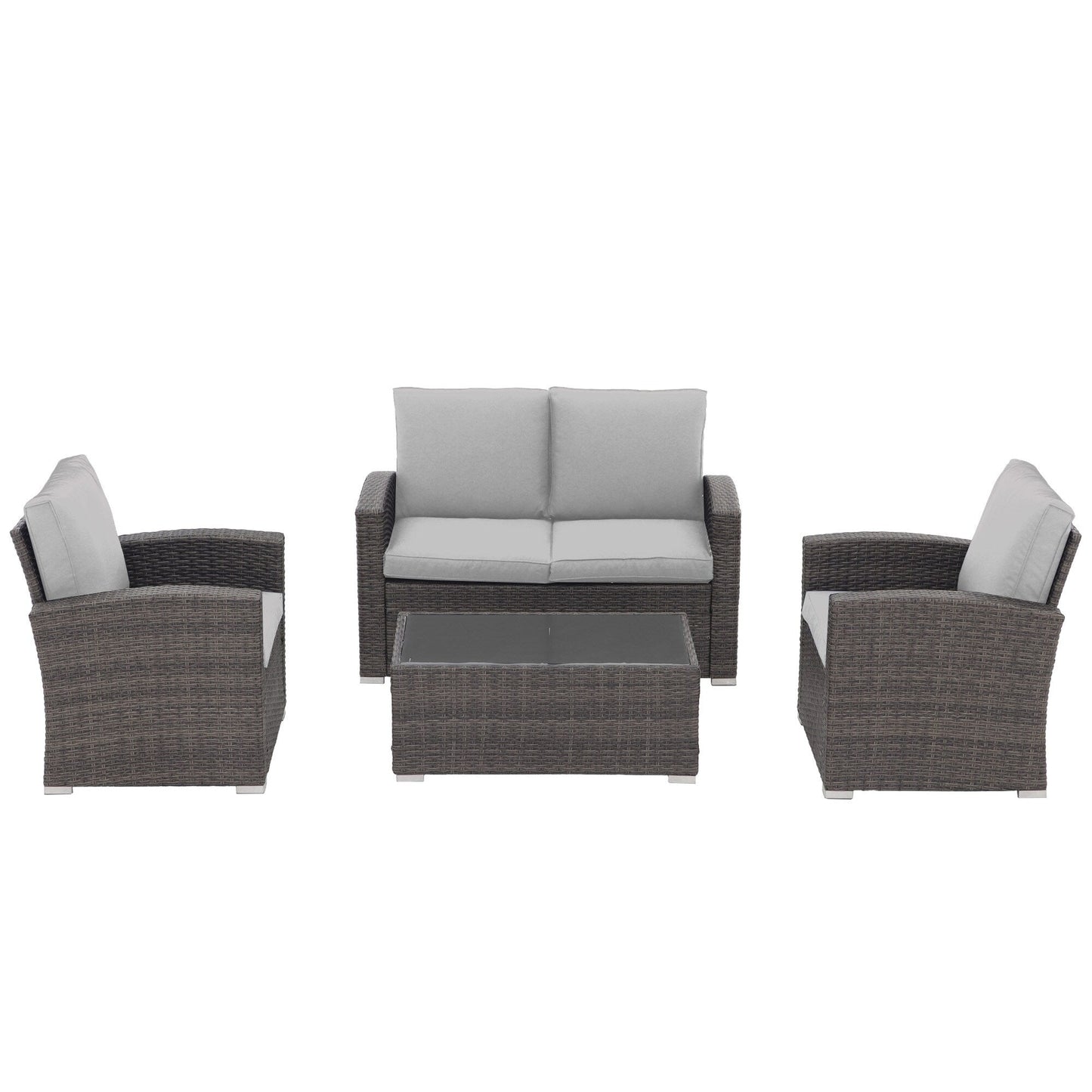 Set da conversazione in rattan per 4 persone con cuscini grigi e tavolo da esterno in vetro temperato