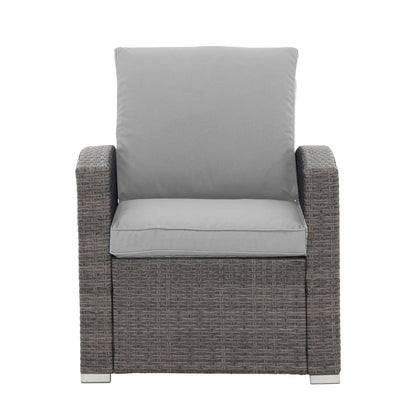 Set da conversazione in rattan per 4 persone con cuscini grigi e tavolo da esterno in vetro temperato