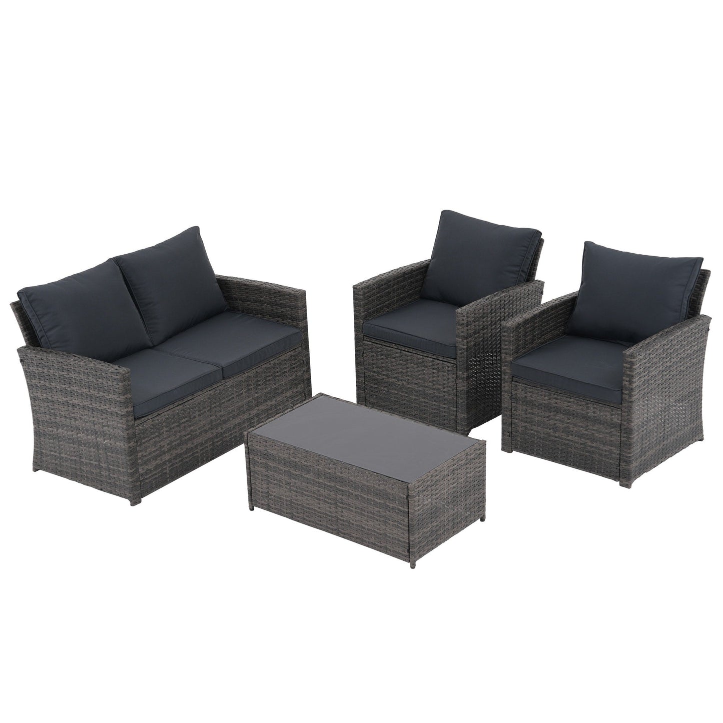 Set da conversazione in rattan per 4 persone con cuscini grigi e tavolo da esterno in vetro temperato