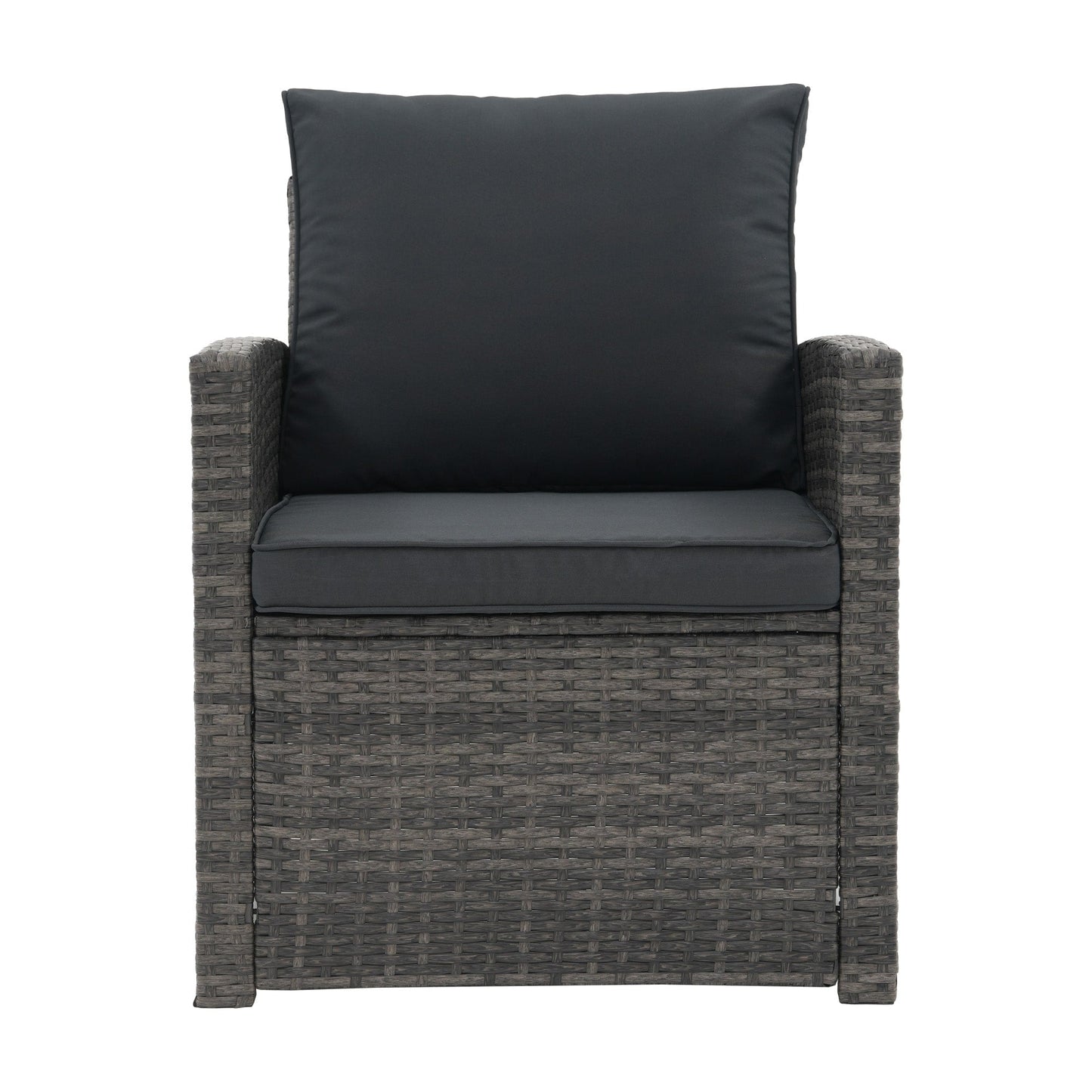 Set da conversazione in rattan per 4 persone con cuscini grigi e tavolo da esterno in vetro temperato