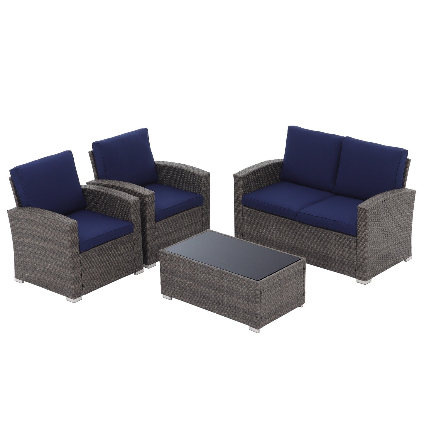 Set da conversazione in rattan per 4 persone con cuscini grigi e tavolo da esterno in vetro temperato