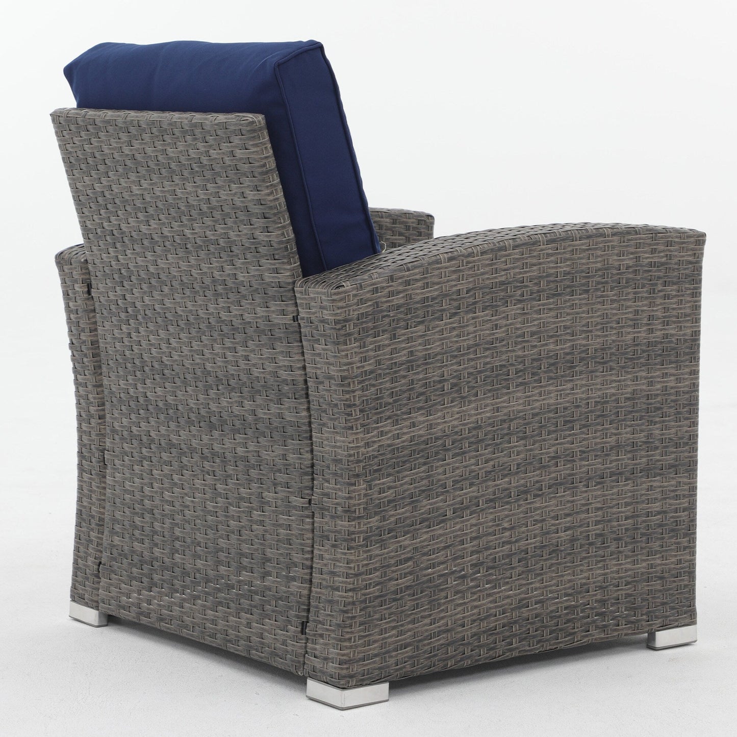 Set da conversazione in rattan per 4 persone con cuscini grigi e tavolo da esterno in vetro temperato