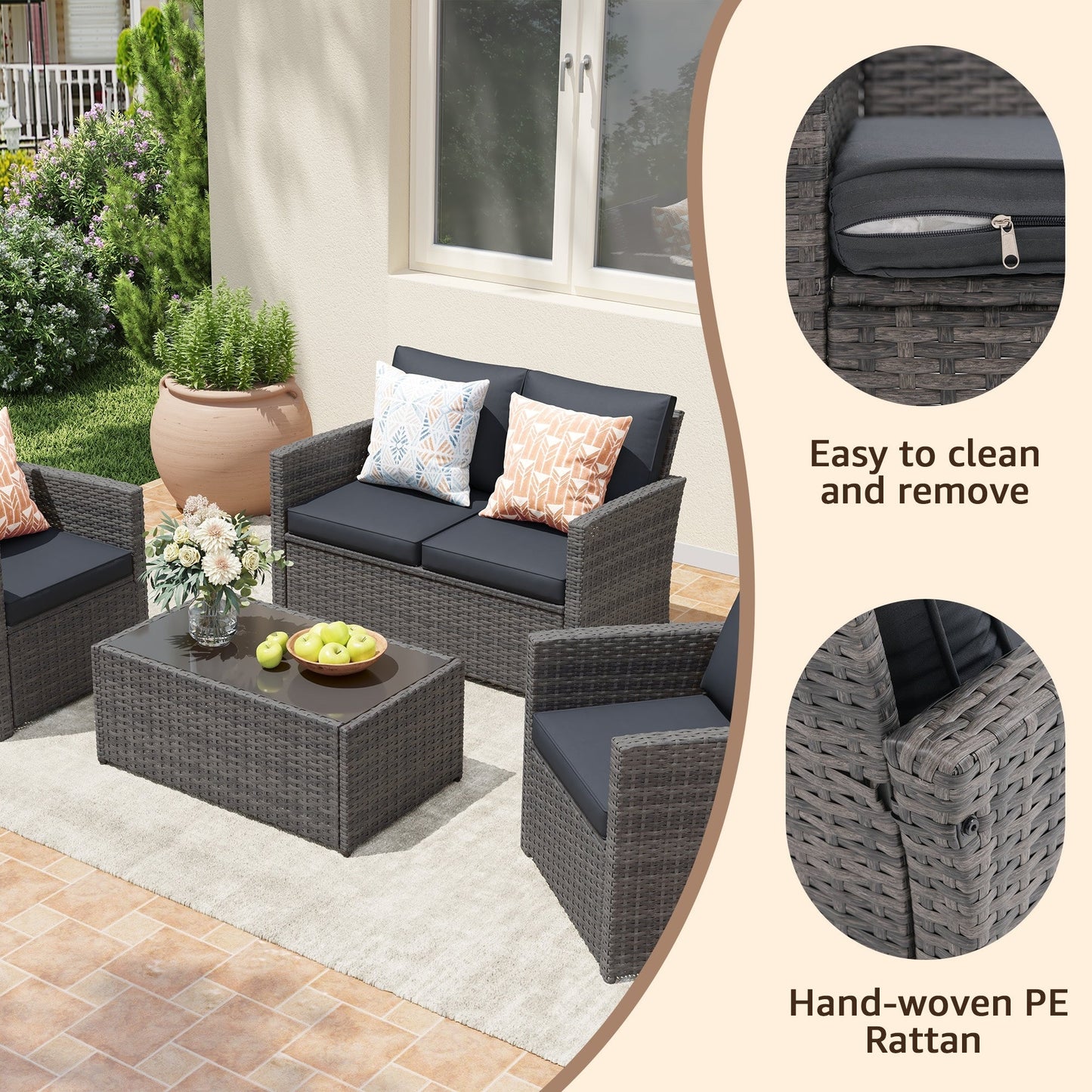 Set da conversazione in rattan per 4 persone con cuscini grigi e tavolo da esterno in vetro temperato