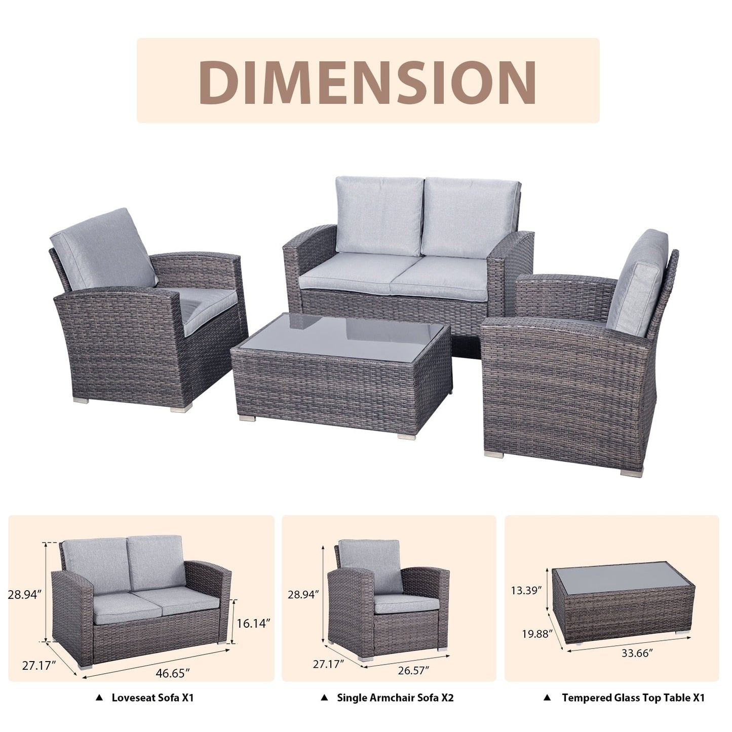 Set da conversazione in rattan per 4 persone con cuscini grigi e tavolo da esterno in vetro temperato