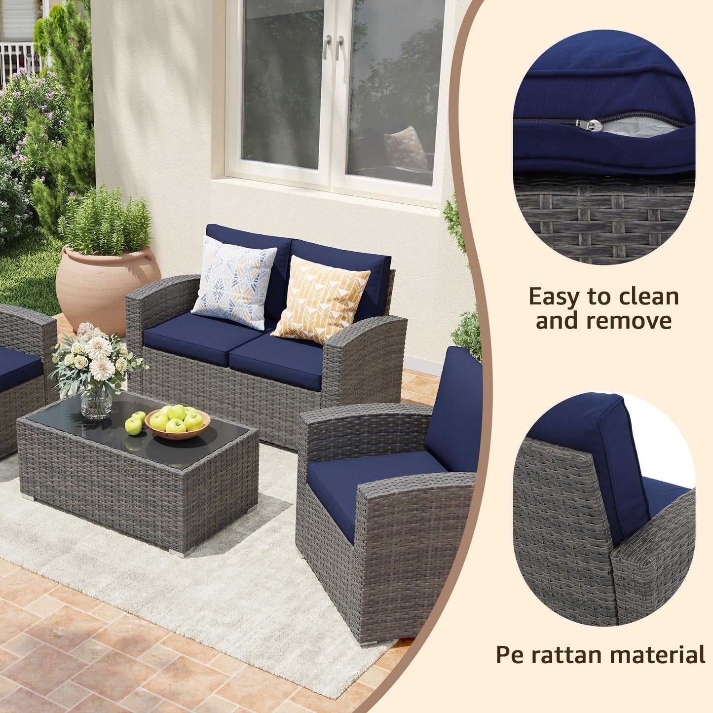 Set da conversazione in rattan per 4 persone con cuscini grigi e tavolo da esterno in vetro temperato