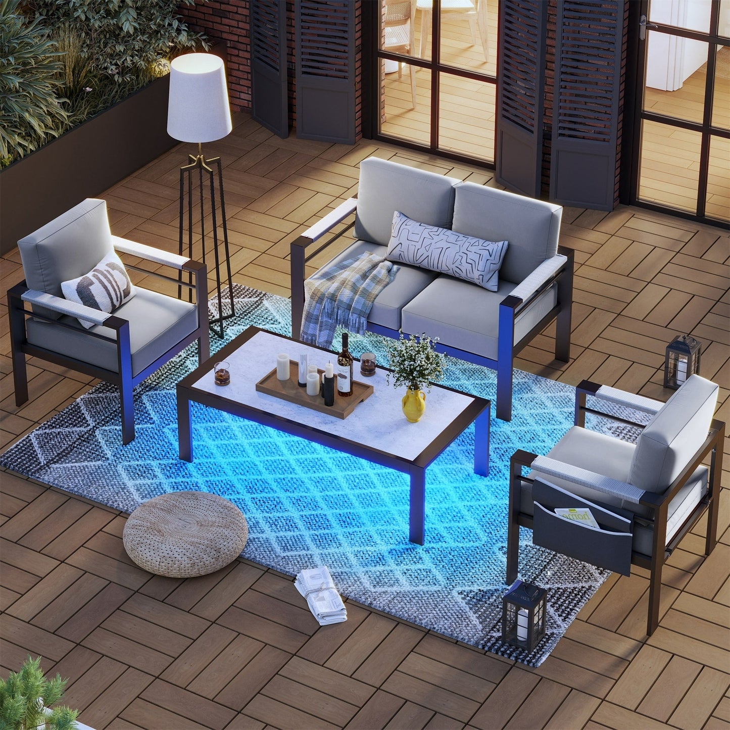 Set da conversazione per patio in alluminio da 4 pezzi per 4 persone con cuscini, tavolino da caffè a LED e divanetto