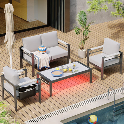 Set da conversazione per patio in alluminio da 4 pezzi per 4 persone con cuscini, tavolino da caffè a LED e divanetto