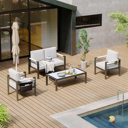 Set da conversazione per patio in alluminio da 4 pezzi per 4 persone con cuscini, tavolino da caffè a LED e divanetto