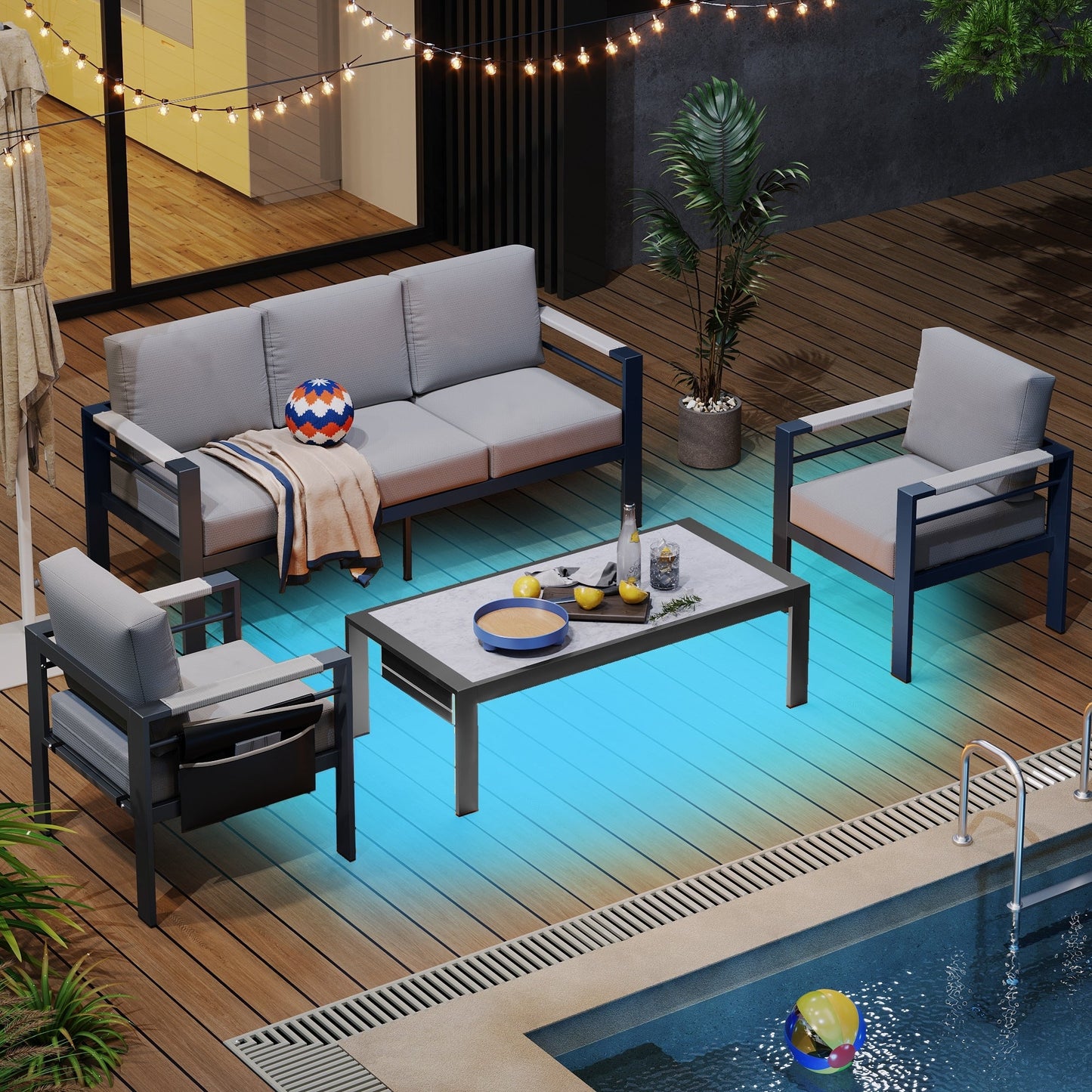 Set da conversazione per patio in alluminio da 4 pezzi e 5 posti con cuscini, tavolino da caffè a LED e divano
