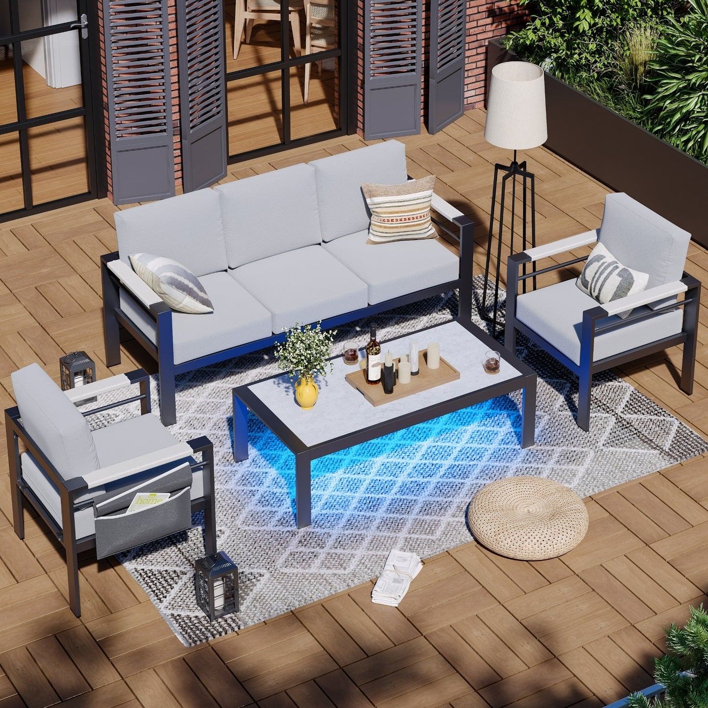 Set da conversazione per patio in alluminio da 4 pezzi e 5 posti con cuscini, tavolino da caffè a LED e divano